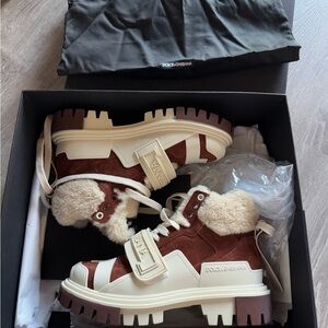 Dolce & Gabbana Brown and Cream Ankle Boots with Rugged Sole